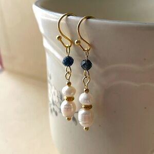 Gold-tone Freshwater Pearl and Sapphire Drop Earrings